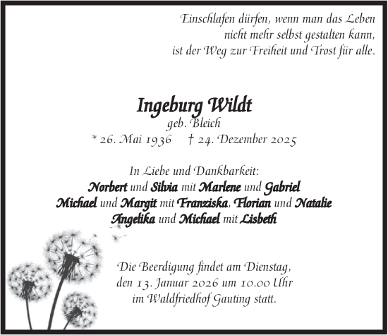 Traueranzeige von Ingeburg Wildt von merkurtz