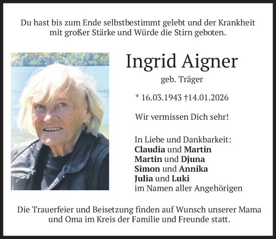 Traueranzeige von Ingrid Aigner von merkurtz