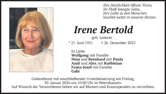 Traueranzeige von Irene Bertold von merkurtz