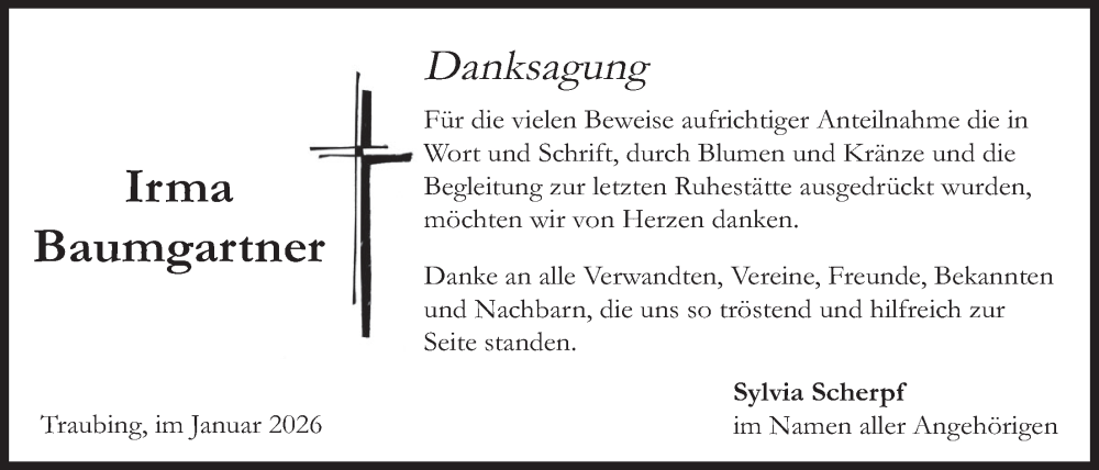  Traueranzeige für Irma Baumgartner vom 17.01.2026 aus merkurtz