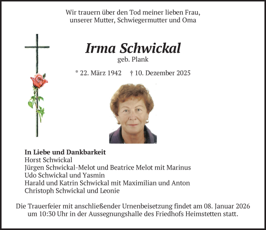 Traueranzeige von Irma Schwickal von merkurtz