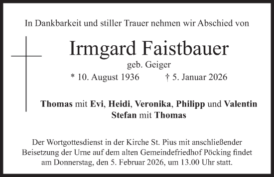 Traueranzeige von Irmgard Faistbauer von merkurtz