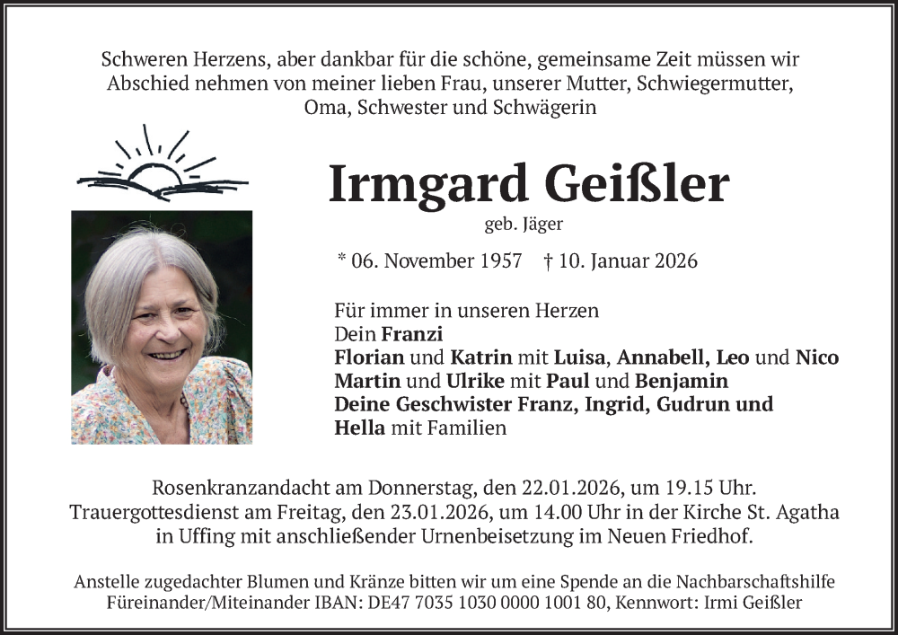  Traueranzeige für Irmgard Geißler vom 20.01.2026 aus merkurtz