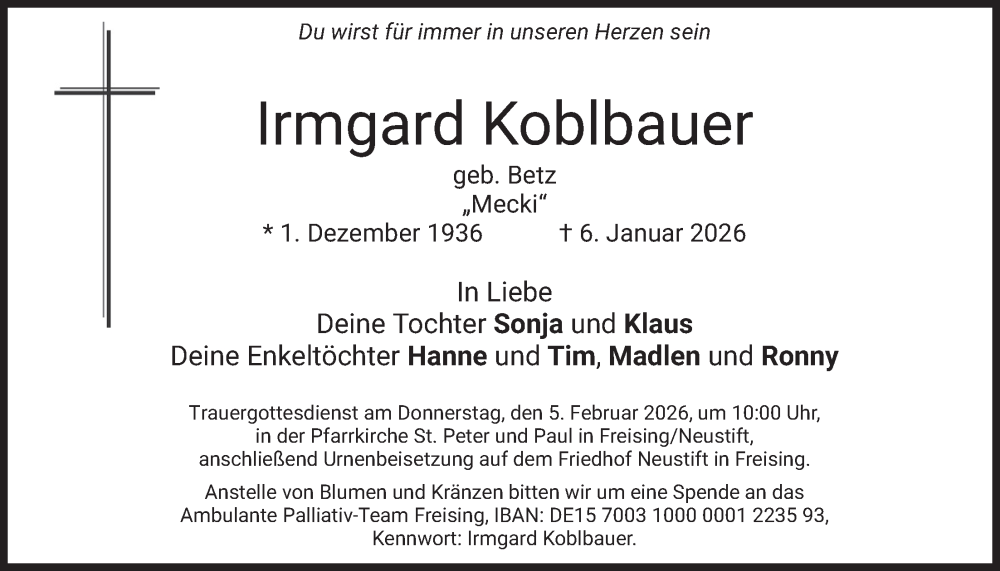  Traueranzeige für Irmgard Koblbauer vom 31.01.2026 aus merkurtz