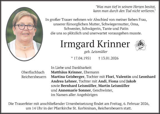 Traueranzeige von Irmgard Krinner von merkurtz