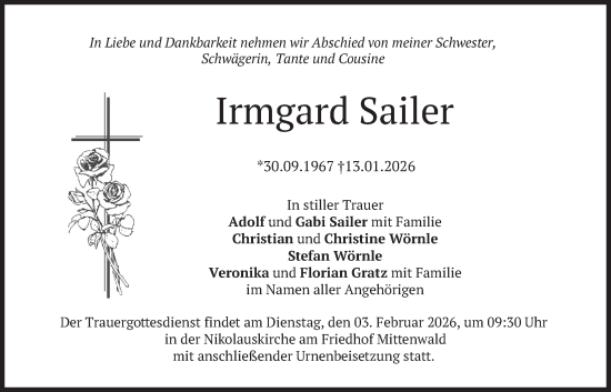 Traueranzeige von Irmgard Sailer von merkurtz