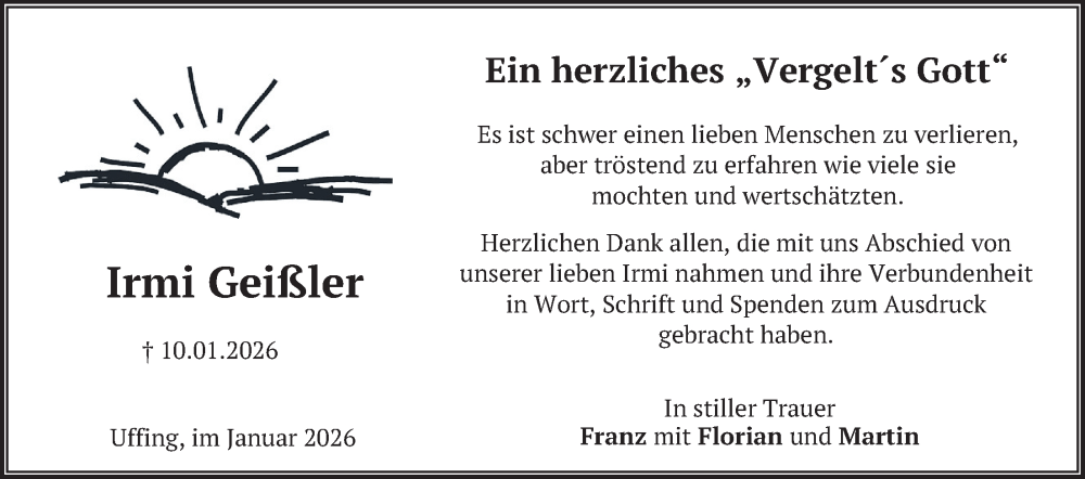  Traueranzeige für Irmi Geißler vom 31.01.2026 aus merkurtz