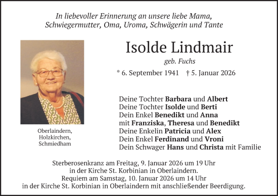 Traueranzeige von Isolde Lindmair von merkurtz