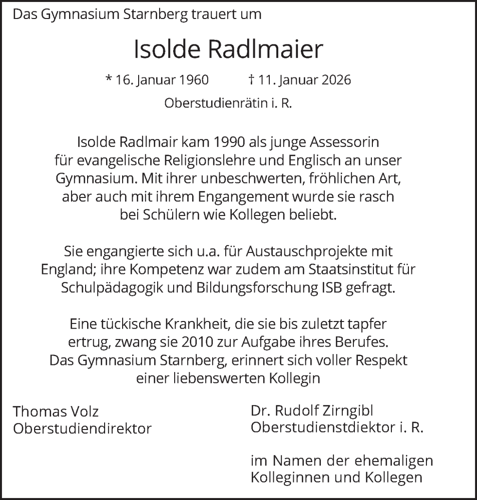  Traueranzeige für Isolde Radlmaier vom 31.01.2026 aus merkurtz