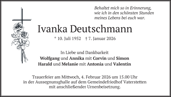 Traueranzeige von Ivanka Deutschmann von merkurtz
