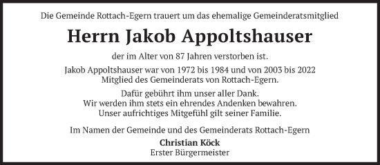 Traueranzeige von Jakob Appoltshauser von merkurtz