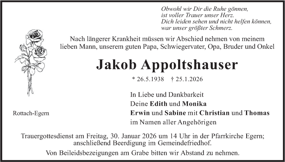  Traueranzeige für Jakob Appoltshauser vom 29.01.2026 aus merkurtz