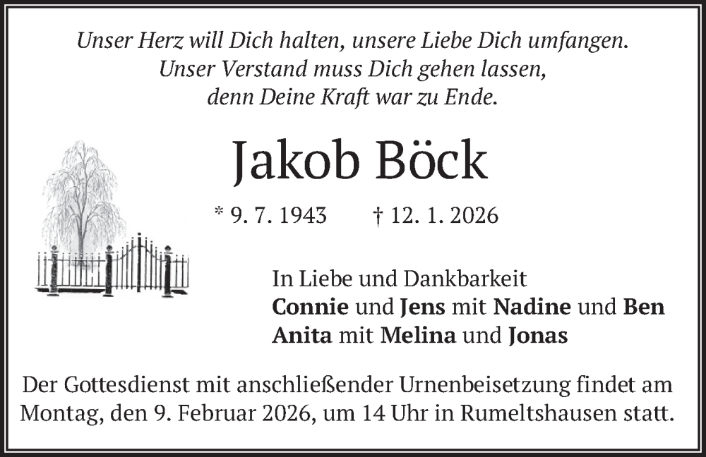  Traueranzeige für Jakob Böck vom 31.01.2026 aus merkurtz