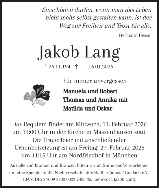 Traueranzeige von Jakob Lang von merkurtz