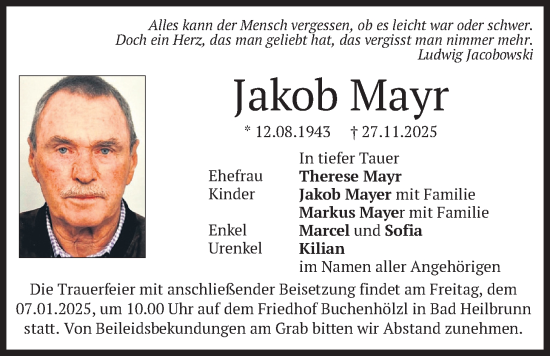 Traueranzeige von Jakob Mayr von merkurtz
