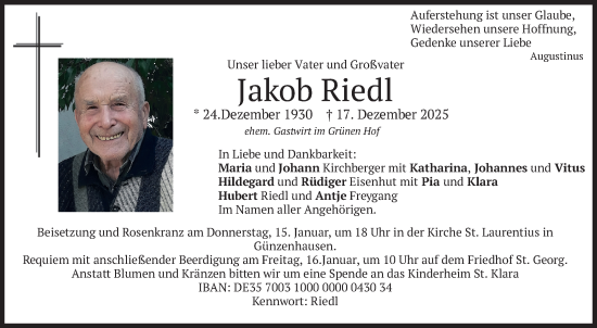 Traueranzeige von Jakob Riedl von merkurtz