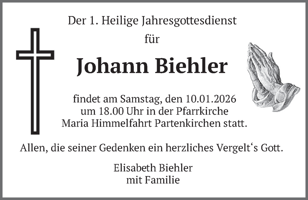  Traueranzeige für Johann Biehler vom 03.01.2026 aus merkurtz