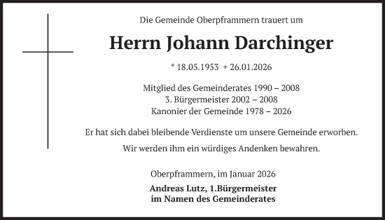 Traueranzeige von Johann Darchinger von merkurtz