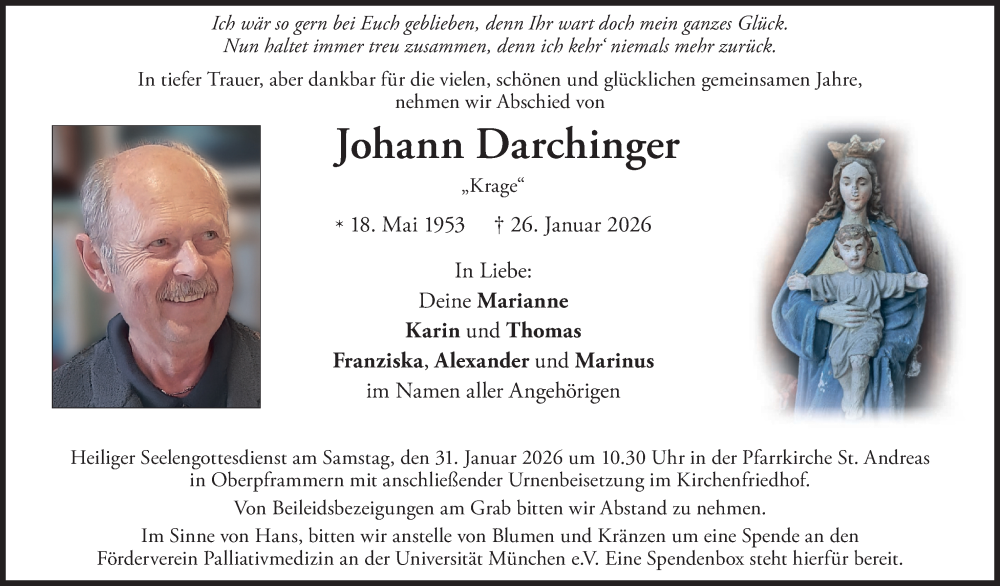  Traueranzeige für Johann Darchinger vom 29.01.2026 aus merkurtz