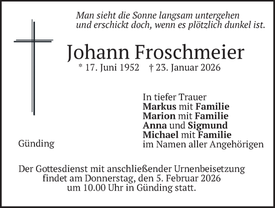 Traueranzeige von Johann Froschmeier von merkurtz