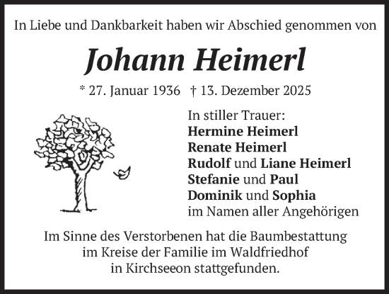 Traueranzeige von Johann Heimerl von merkurtz