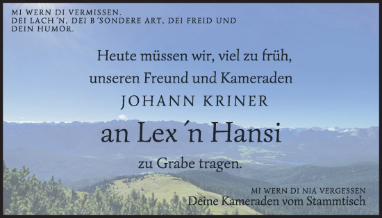 Traueranzeige von Johann Kriner von merkurtz