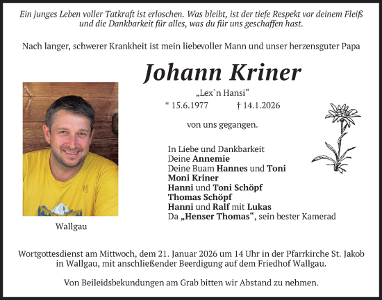 Traueranzeige von Johann Kriner von merkurtz