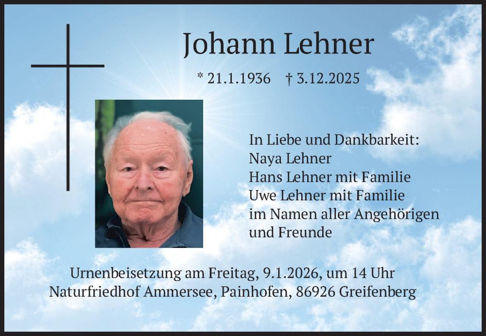 Traueranzeige für Johann Lehner vom 07.01.2026 aus merkurtz