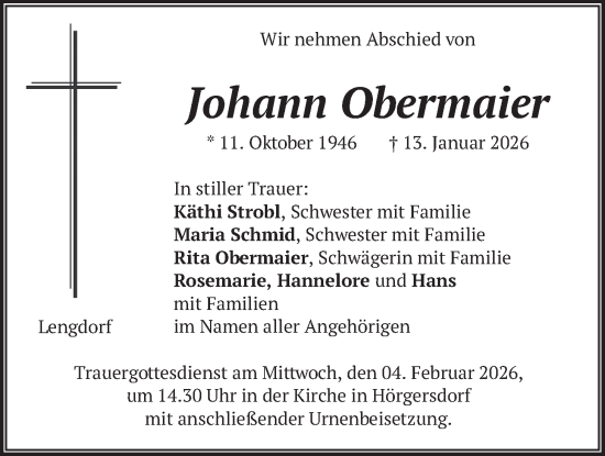 Traueranzeige von Johann Obermaier von merkurtz