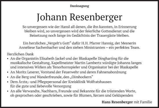 Traueranzeige von Johann Resenberger von merkurtz