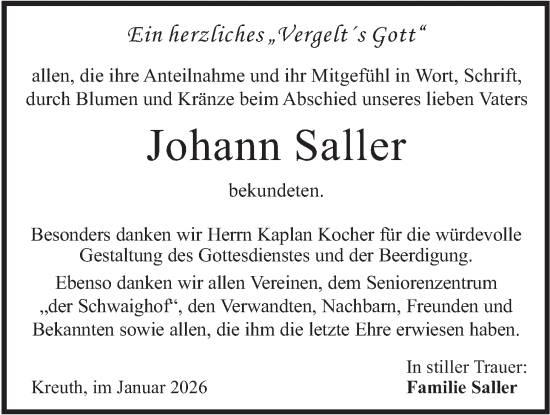 Traueranzeige von Johann Saller von merkurtz