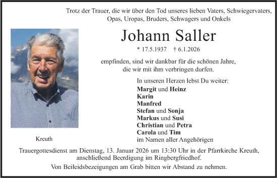 Traueranzeige von Johann Saller von merkurtz