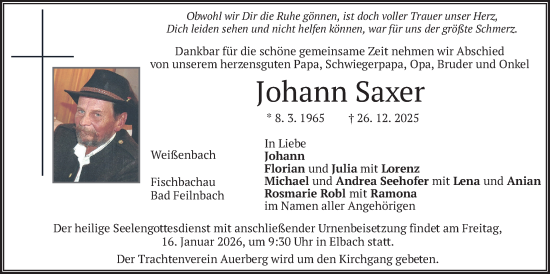 Traueranzeige von Johann Saxer von merkurtz