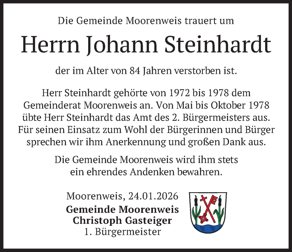  Traueranzeige für Johann Steinhardt vom 24.01.2026 aus merkurtz