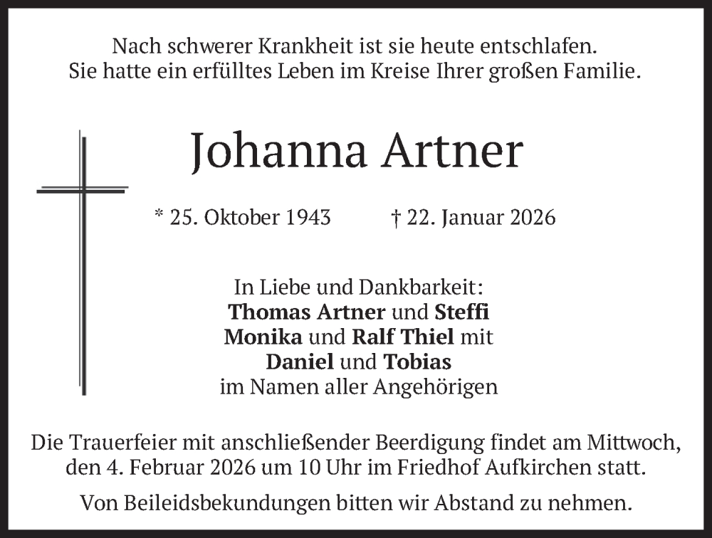  Traueranzeige für Johanna Artner vom 31.01.2026 aus merkurtz