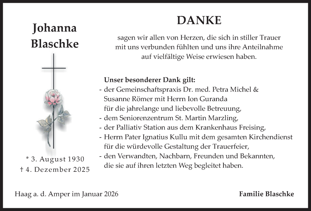  Traueranzeige für Johanna Blaschke vom 17.01.2026 aus merkurtz