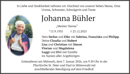 Traueranzeige von Johanna Bühler von merkurtz