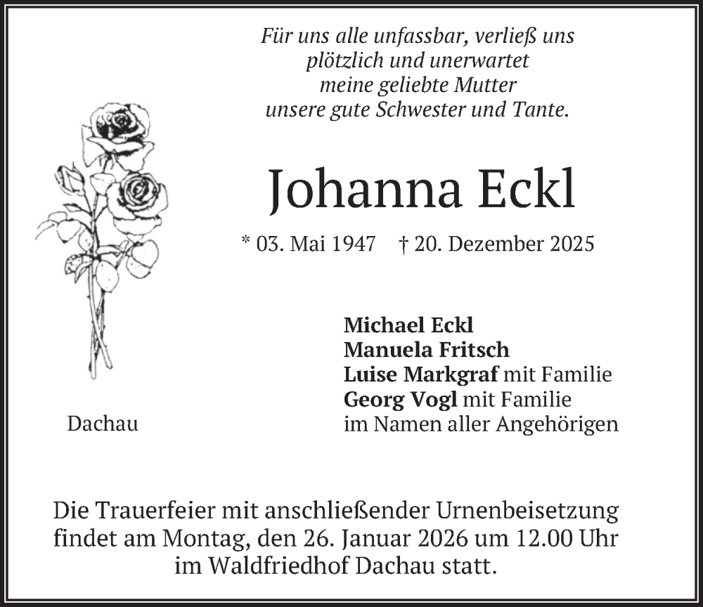  Traueranzeige für Johanna Eckl vom 17.01.2026 aus merkurtz