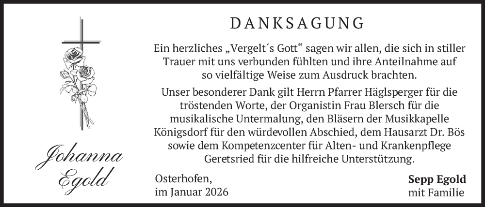  Traueranzeige für Johanna Egold vom 03.01.2026 aus merkurtz