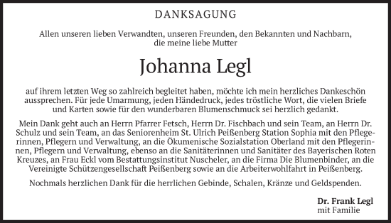 Traueranzeige von Johanna Legl von merkurtz