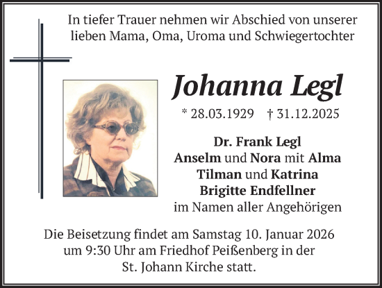 Traueranzeige von Johanna Legl von merkurtz