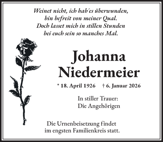 Traueranzeige von Johanna Niedermeier von Das Gelbe Blatt Penzberg