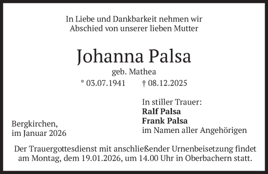 Traueranzeige von Johanna Palsa von merkurtz