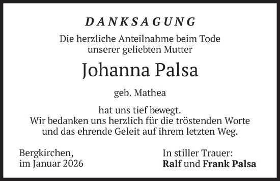 Traueranzeige von Johanna Palsa von merkurtz