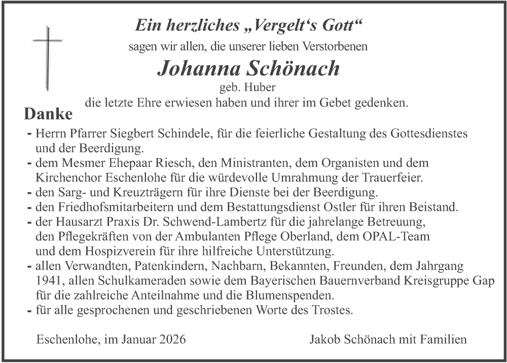  Traueranzeige für Johanna Schönach vom 03.01.2026 aus merkurtz