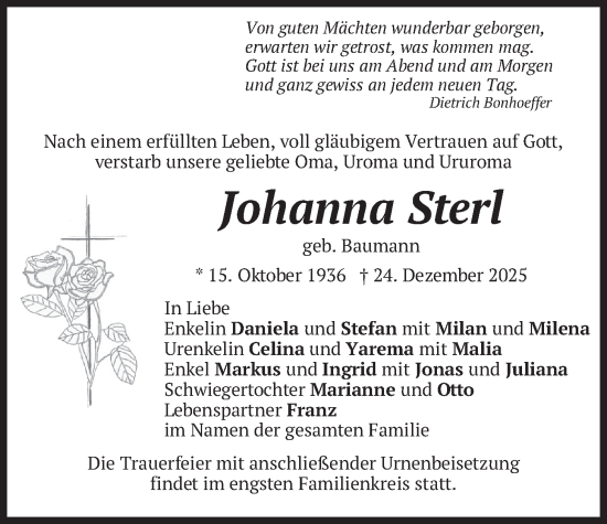 Traueranzeige von Johanna Sterl von merkurtz