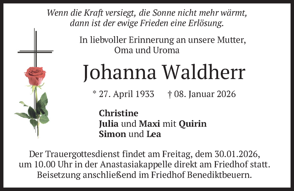  Traueranzeige für Johanna Waldherr vom 23.01.2026 aus merkurtz