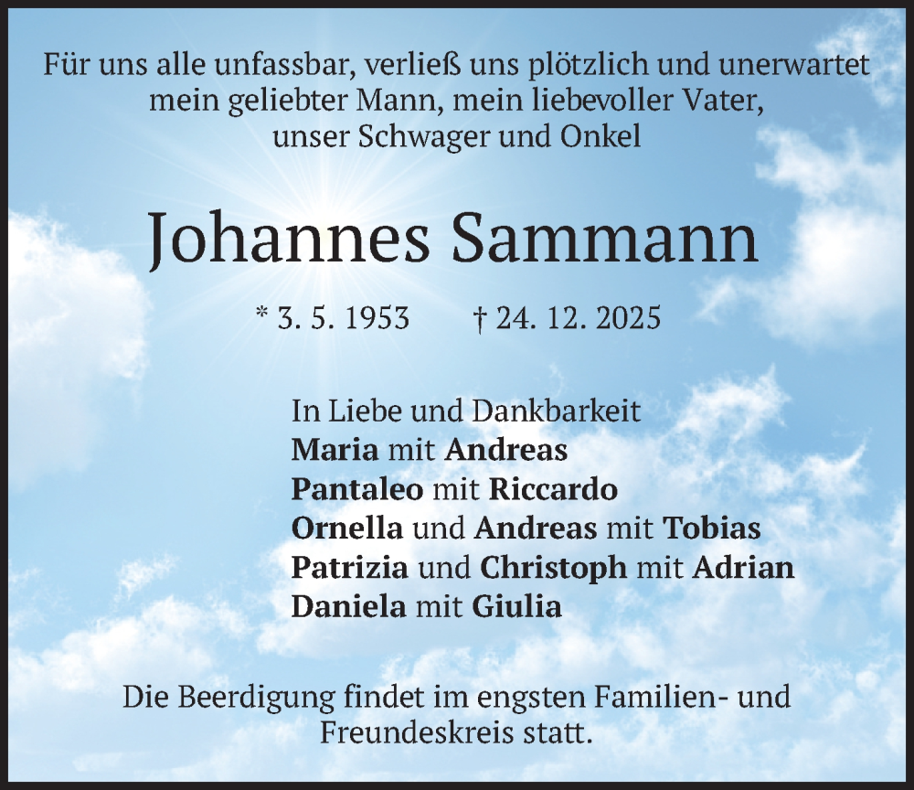  Traueranzeige für Johannes Sammann vom 07.01.2026 aus merkurtz