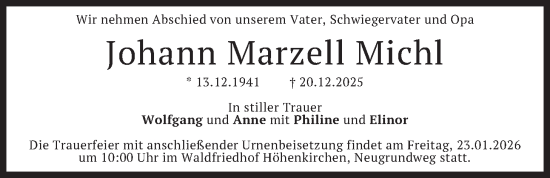 Traueranzeige von Johann Marzell Michl von merkurtz