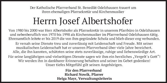 Traueranzeige von Josef Albertshofer von merkurtz